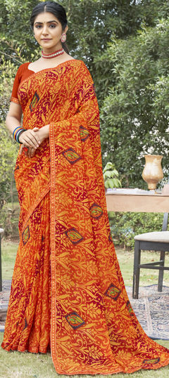 Orange color Saree in Georgette fabric with Lace, Printed work