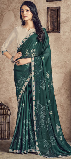 Green color Saree in Georgette fabric with Digital Print, Lace work