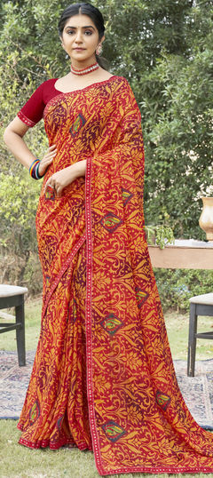 Red and Maroon color Saree in Georgette fabric with Lace, Printed work