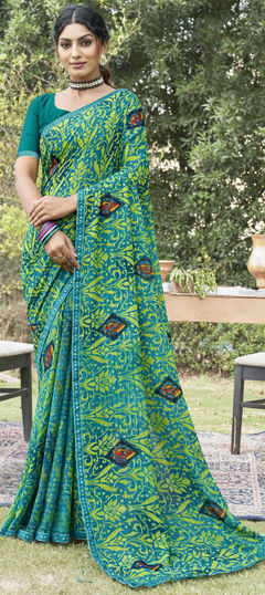 Blue color Saree in Georgette fabric with Lace, Printed work