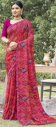 Pink and Majenta color Saree in Georgette fabric with Lace, Printed work