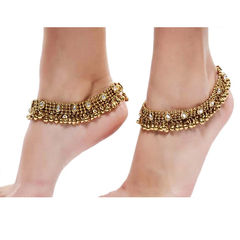 Gold Rodium Polish White and Off White color Anklet in Metal Alloy studded with CZ Diamond