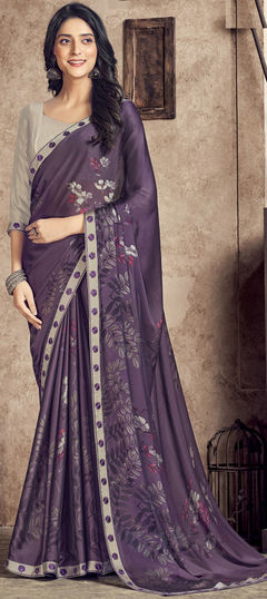 Purple and Violet color Saree in Georgette fabric with Digital Print, Lace work