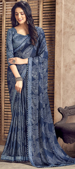 Blue color Saree in Georgette fabric with Digital Print, Lace work