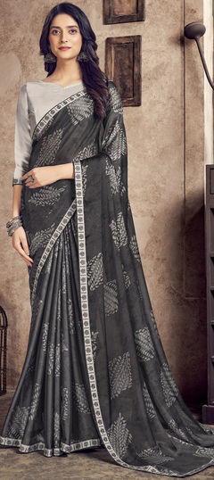 Black and Grey color Saree in Georgette fabric with Digital Print, Lace work