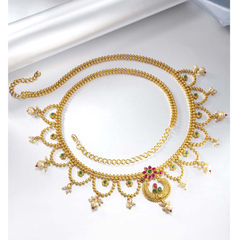 Gold Rodium Polish Gold color Waist Chain in Metal Alloy studded with Kundan, Pearl