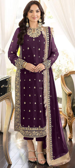 Purple and Violet color Salwar Kameez in Georgette fabric with Embroidered, Thread, Zari work