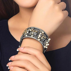 Silver Rodium Polish Silver color Bangles in Metal Alloy studded with Pearl