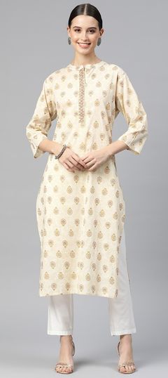 Casual, Summer Beige and Brown color Kurti in Cotton fabric with Straight Printed, Resham, Thread work : 1890320