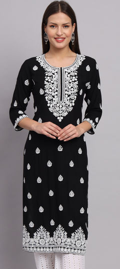 Black and Grey color Kurti in Rayon fabric with Embroidered, Resham, Thread work