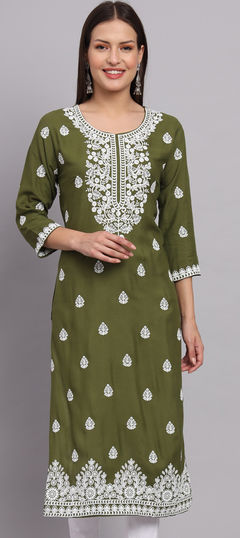 Green color Kurti in Rayon fabric with Embroidered, Resham, Thread work