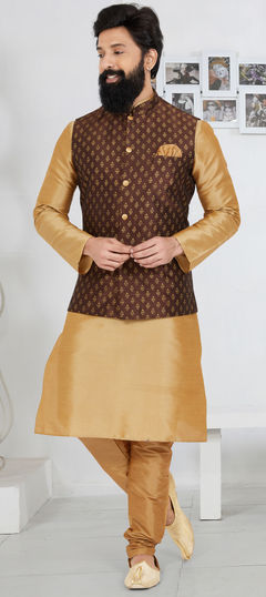 Party Wear Beige and Brown color Kurta Pyjama with Jacket in Dupion Silk fabric with Zari work : 1890375