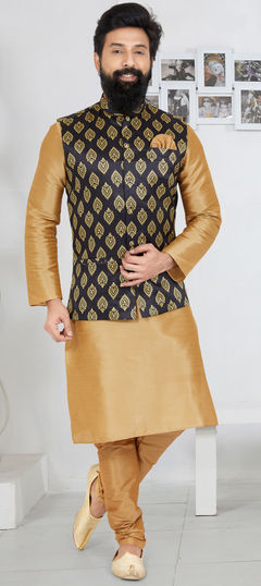 Party Wear Beige and Brown color Kurta Pyjama with Jacket in Dupion Silk fabric with Zari work : 1890379