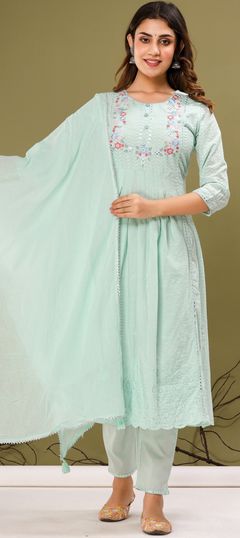 Blue color Salwar Kameez in Cotton fabric with Embroidered, Mirror, Resham, Thread work