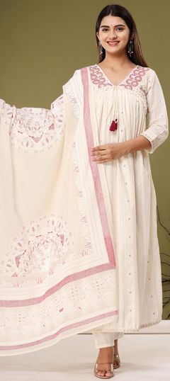 Beige and Brown color Salwar Kameez in Cotton fabric with Embroidered, Printed, Resham, Thread work