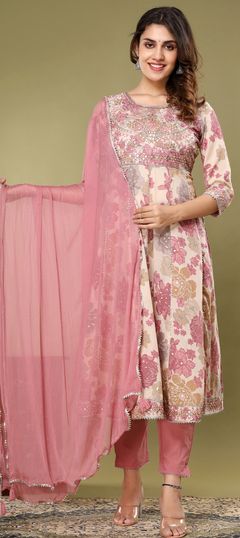 Beige and Brown, Pink and Majenta color Salwar Kameez in Cotton fabric with Embroidered, Floral, Printed, Resham, Thread, Zari work