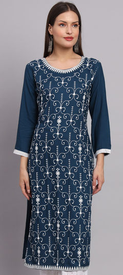 Blue color Kurti in Rayon fabric with Embroidered, Sequence, Thread work
