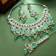 Silver Rodium Polish Green, White and Off White color Necklace in Metal Alloy studded with CZ Diamond, Pearl