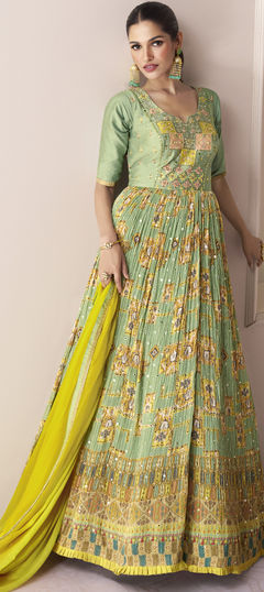 Engagement, Reception, Wedding Green color Gown in Art Silk fabric with Bugle Beads, Cut Dana, Embroidered, Floral, Printed, Resham, Sequence, Thread, Zardozi work : 1890779