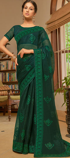 Green color Saree in Shimmer fabric with Embroidered, Resham, Sequence, Thread work