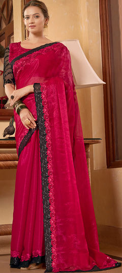 Red and Maroon color Saree in Chiffon fabric with Lace, Resham, Sequence, Thread work