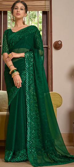 Green color Saree in Chiffon fabric with Lace, Resham, Sequence, Thread work