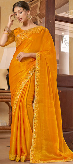 Yellow color Saree in Chiffon fabric with Lace, Resham, Sequence, Thread work