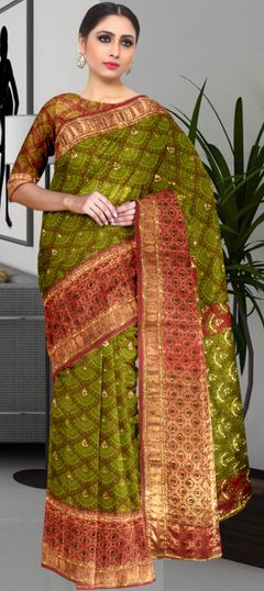 Green color Saree in Kanjeevaram Silk, Silk fabric with Cut Dana, Stone, Weaving, Zari work