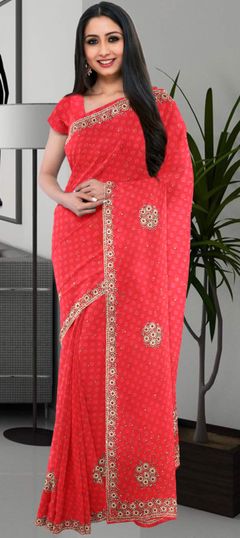 Pink and Majenta color Saree in Georgette fabric with Sequence, Thread, Zari work