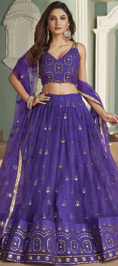 Engagement, Reception, Wedding Purple and Violet color Lehenga in Net fabric with Flared Embroidered, Sequence, Thread work : 1890912