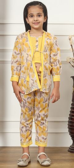 Beige and Brown, Yellow color Girls Top with Bottom in Cotton fabric with Gota Patti, Printed work
