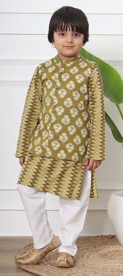 Bollywood Beige and Brown color Boys Kurta Pyjama with Jacket in Art Dupion Silk fabric with Straight Aari work : 1891008