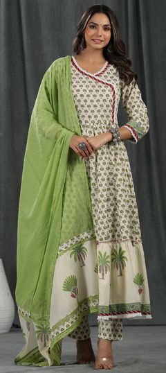 White and Off White color Salwar Kameez in Cotton fabric with Gota Patti, Printed, Thread, Zari work