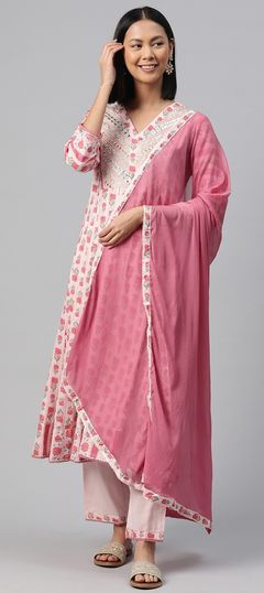 Reception, Summer Pink and Majenta color Salwar Kameez in Cotton fabric with Anarkali Embroidered, Floral, Lace, Printed, Resham, Thread, Zari work : 1891070