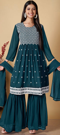 Party Wear Blue color Salwar Kameez in Faux Georgette fabric with Sharara Embroidered, Mirror, Resham work : 1891074