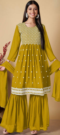 Party Wear Yellow color Salwar Kameez in Faux Georgette fabric with Sharara Embroidered, Mirror, Resham work : 1891077