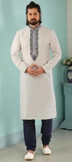 White and Off White color Kurta Pyjamas in Blended Cotton fabric with Embroidered, Thread work