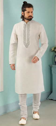 White and Off White color Kurta Pyjamas in Blended Cotton fabric with Embroidered, Thread work