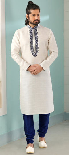 White and Off White color Kurta Pyjamas in Blended Cotton fabric with Embroidered, Thread work