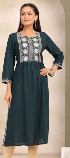 Casual Blue color Kurti in Rayon fabric with Long Sleeve, Straight Embroidered, Resham, Thread, Zari work : 1891251