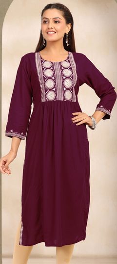 Casual Purple and Violet color Kurti in Rayon fabric with Long Sleeve, Straight Embroidered, Resham, Thread work : 1891253