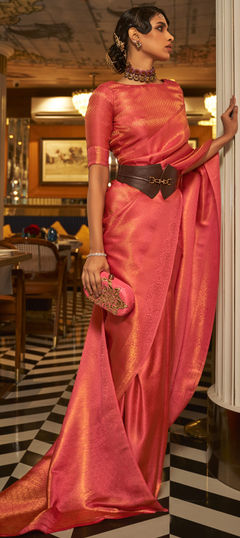 Orange color Saree in Satin Silk, Silk fabric with Weaving work