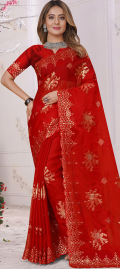 Red and Maroon color Saree in Organza Silk, Silk fabric with Embroidered, Resham, Sequence, Stone, Thread, Zircon work