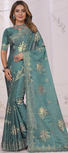 Blue color Saree in Organza Silk, Silk fabric with Embroidered, Resham, Sequence, Stone, Thread, Zircon work