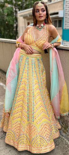 Reception, Wedding Yellow color Lehenga in Art Silk fabric with Flared Sequence, Thread, Zari work : 1891413