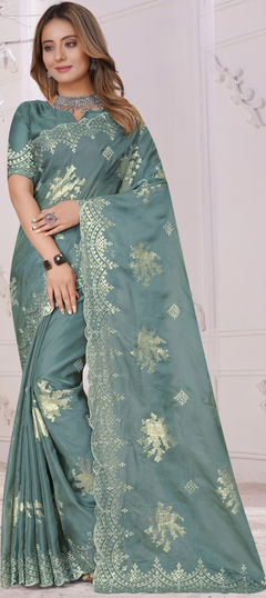 Blue color Saree in Organza Silk, Silk fabric with Embroidered, Resham, Sequence, Stone, Thread, Zircon work