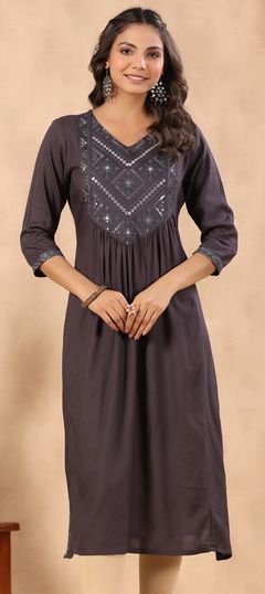 Casual, Summer Black and Grey color Kurti in Rayon fabric with Long Sleeve, Straight Embroidered, Resham, Sequence, Thread work : 1891454