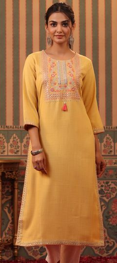 Casual, Summer Yellow color Kurti in Cotton fabric with Long Sleeve, Straight Embroidered, Resham, Sequence, Thread, Zari work : 1891455