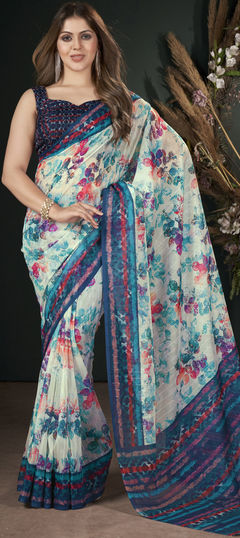 White and Off White color Saree in Art Silk fabric with Digital Print, Floral, Sequence, Weaving work