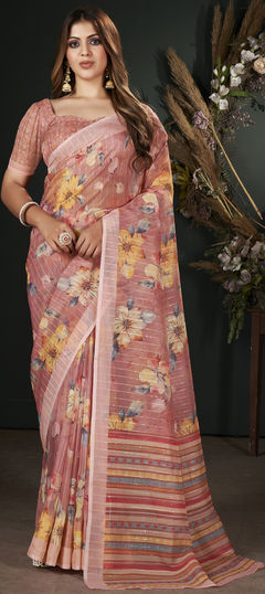 Pink and Majenta color Saree in Muslin fabric with Digital Print, Floral, Sequence, Weaving work